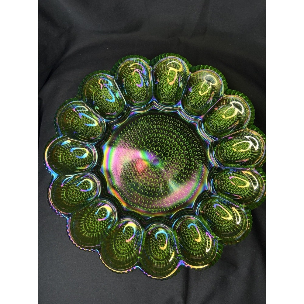 Vintage Indiana Glass Deviled Egg Plate Carnival Hobnail Lime Green 11" 1960s - Picture 1 of 16